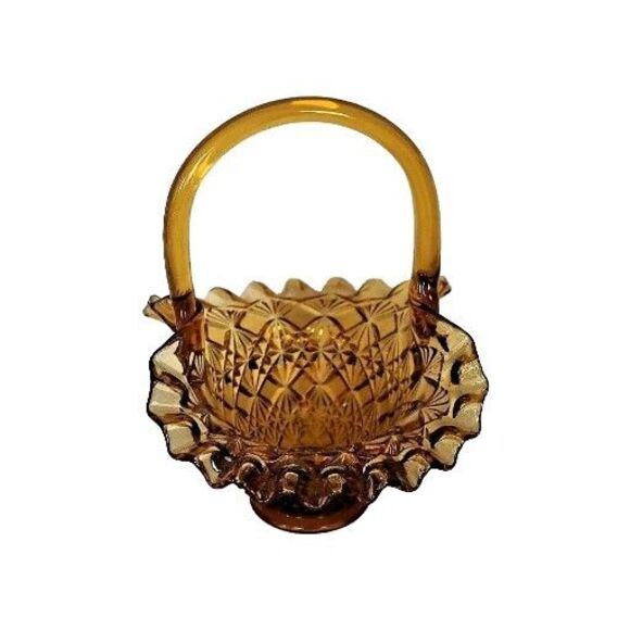Vintage Amber Glass Small Basket Diamond Cut Ruffled Edge - Picture 6 of 9